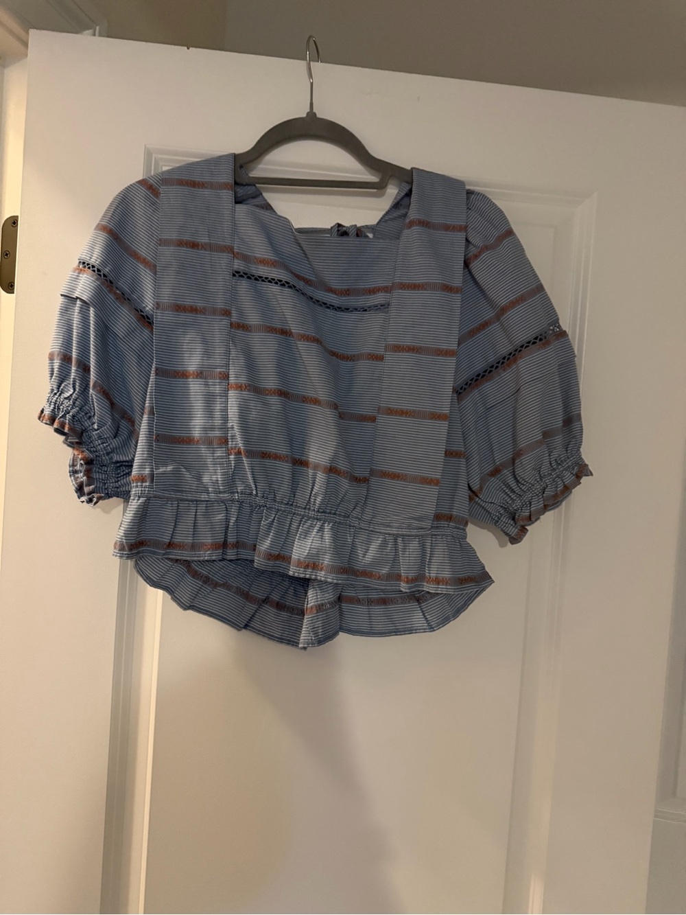 Blue Striped Ruffle Hem Blouse with Puff Sleeves